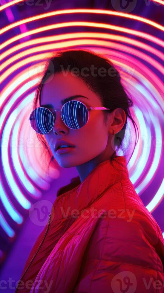 Young woman poses in stylish sunglasses against vibrant neon lights in an urban setting at night photo