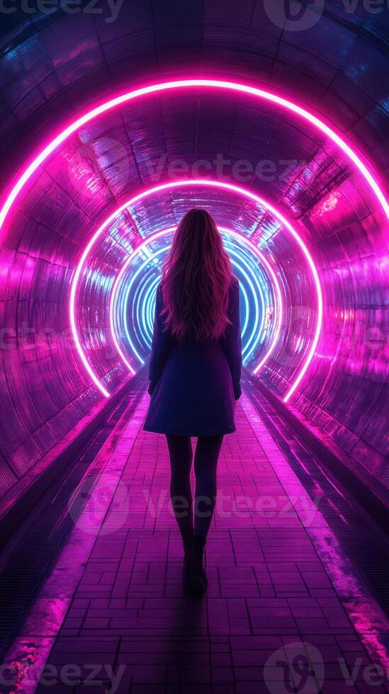Young woman walking through a glowing neon tunnel with circular lights in a vibrant urban setting at night photo