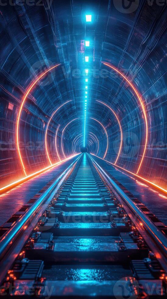 Vibrant futuristic tunnel with glowing lights and railway tracks at night photo