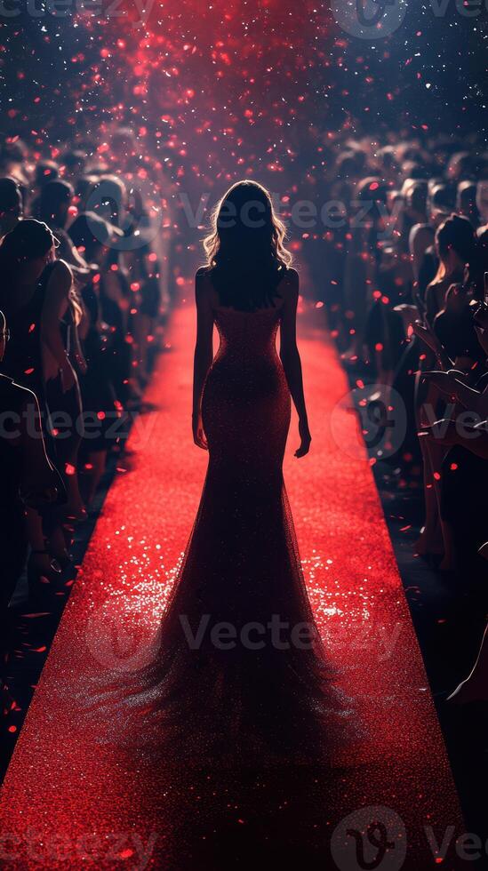 Elegant model walks down the runway in a stunning red gown amidst a captivated audience during a fashion event photo