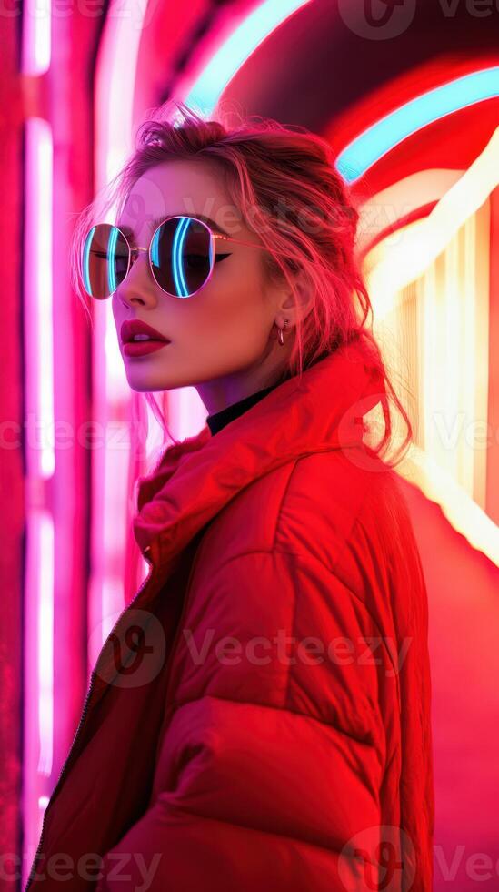 Stylish woman in red jacket and sunglasses poses in vibrant neon-lit corridor at night photo