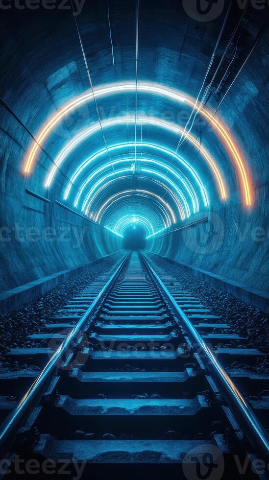 Neon-lit tunnel illuminating railway tracks in an underground urban setting at night photo