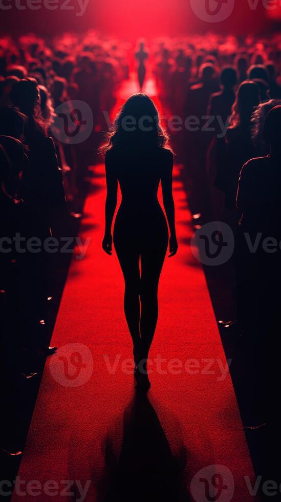 Model walks confidently down a red carpet amidst a captivated audience during a fashion event in an illuminated venue photo