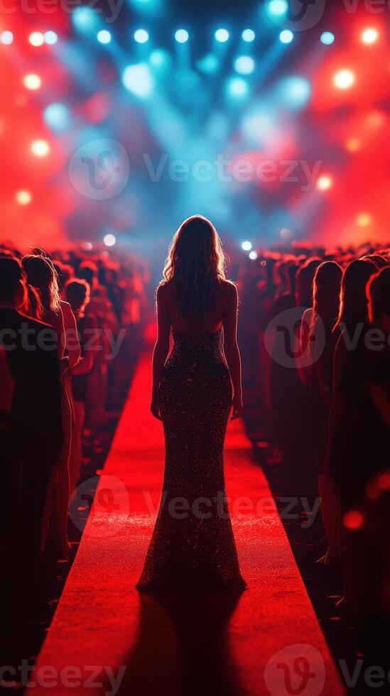 Spotlight shines on fashion model walking down red carpet at glamorous event in vibrant atmosphere photo