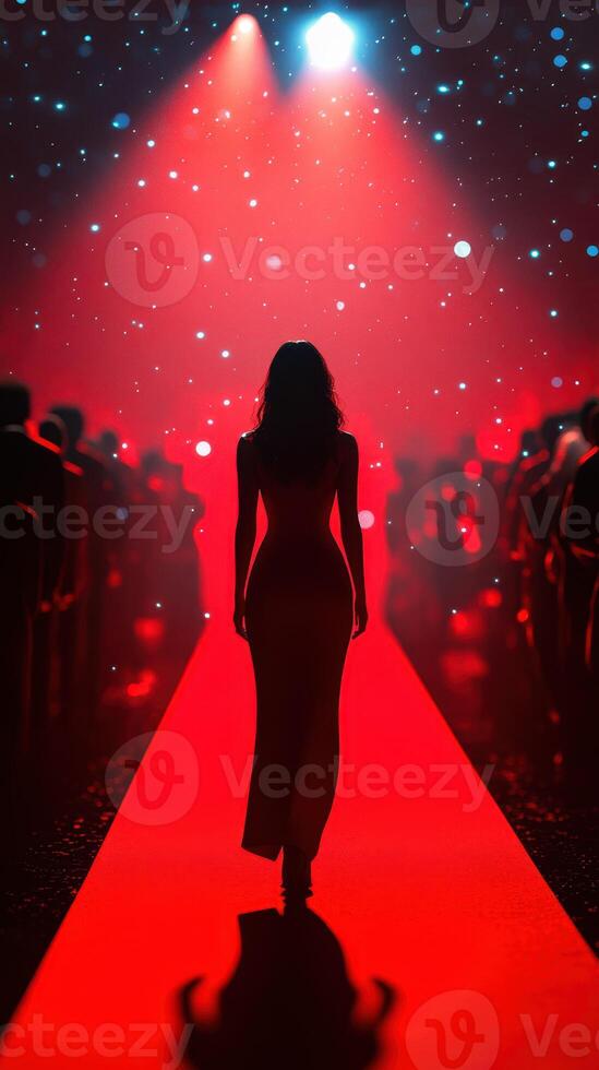 Model walks down a red carpet during a fashion show in an elegantly lit venue filled with spectators photo