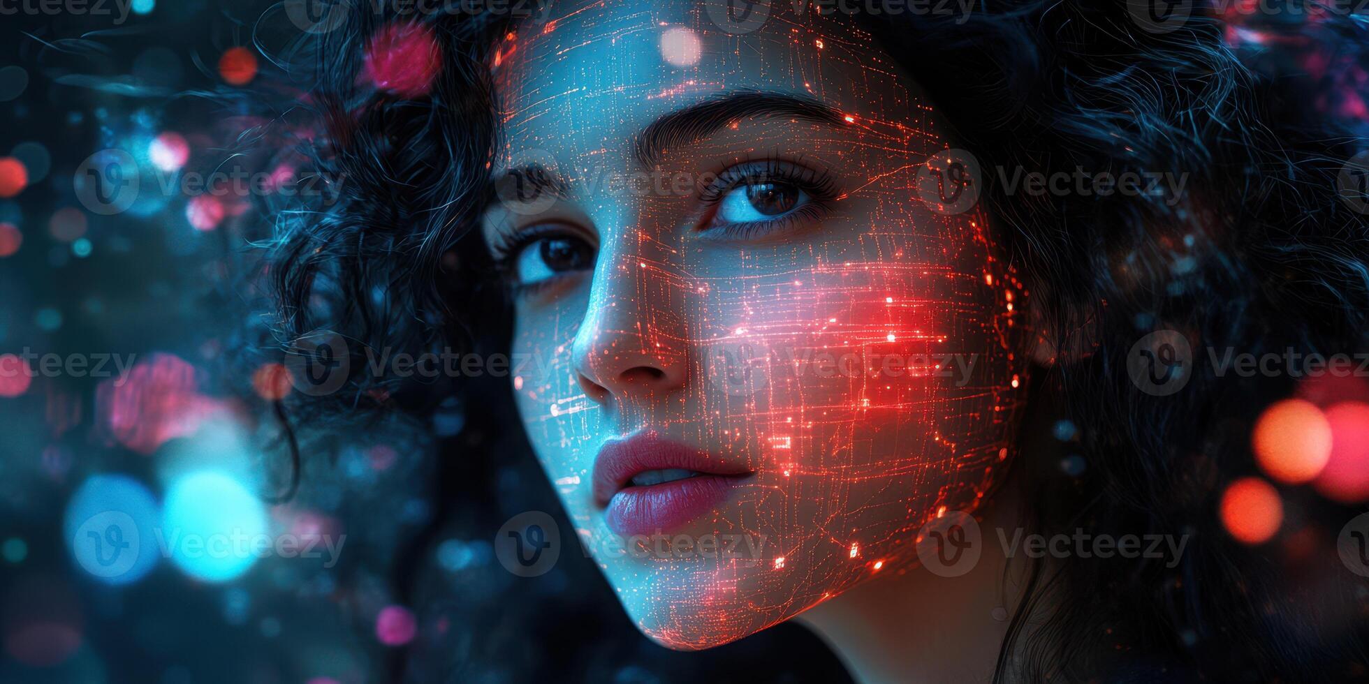 Futuristic woman with glowing digital patterns on face in a dark environment during evening hours photo
