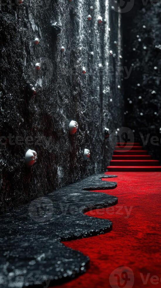 Mysterious corridor with red carpet leading up a staircase along a textured black wall with eerie decorations photo