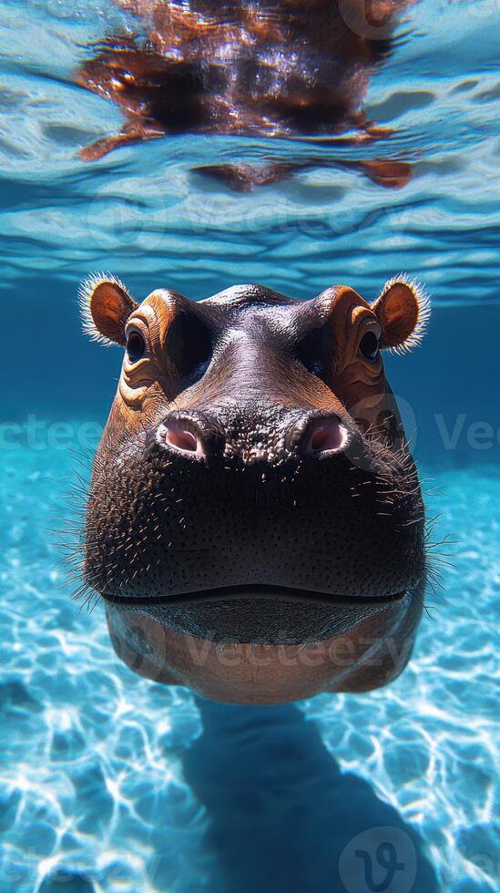 Hippopotamus swimming serenely in a clear blue pool during daylight photo