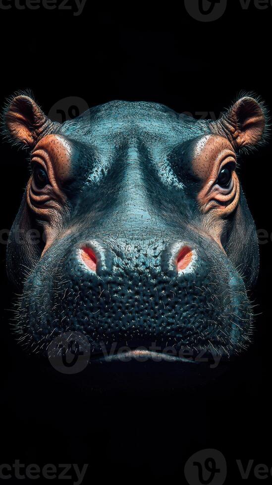 Hippo's captivating gaze in detailed close-up against a dark background emphasizes its unique features and natural beauty photo