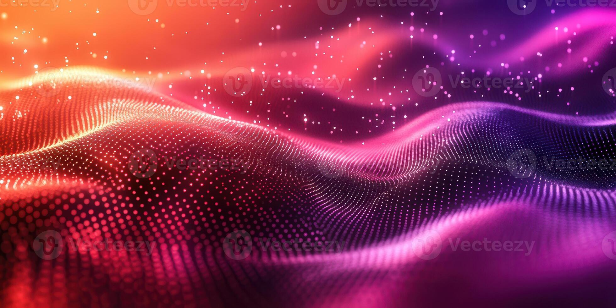 Colorful wave patterns with glowing particles in a digital abstract landscape at sunset photo
