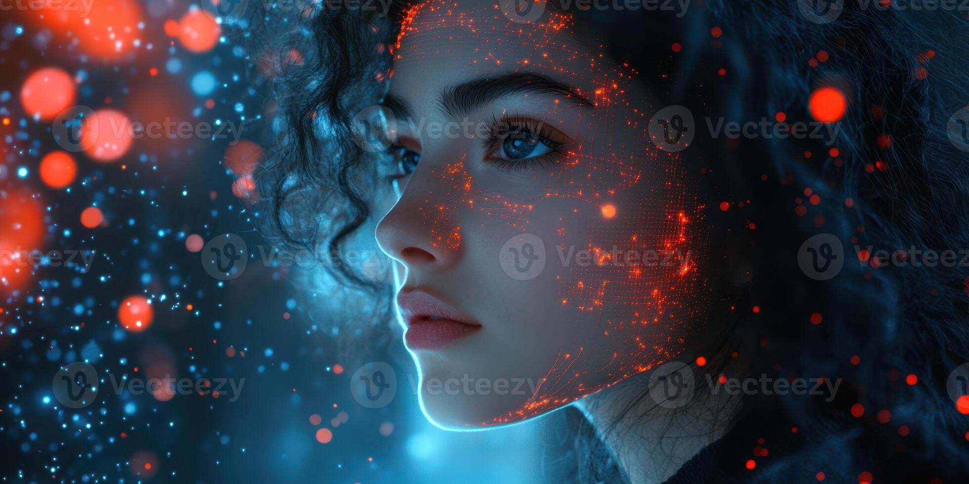 Portrait of a young woman with illuminated facial patterns showcasing a blend of technology and beauty during a nighttime setting photo