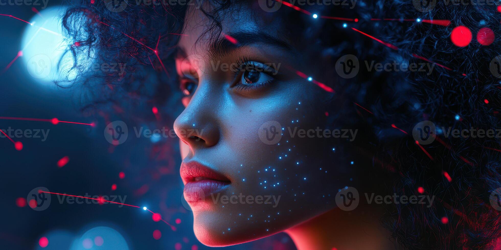 Young person with glowing facial patterns against a vibrant blue and red background during a futuristic setting photo