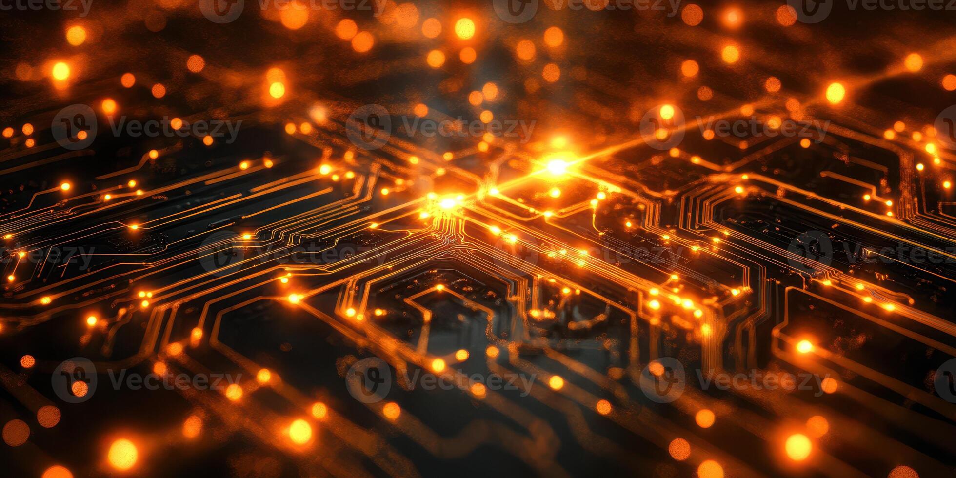 Illuminated circuit board with glowing connections showcasing technology and innovation at night photo