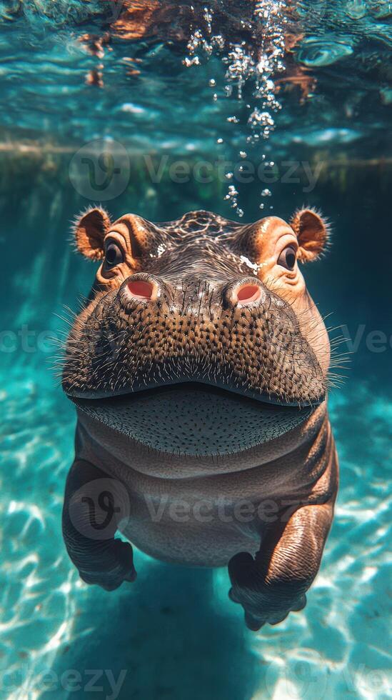 Hippo swims gracefully underwater at a sunlit aquatic location showcasing its unique features and playful demeanor photo