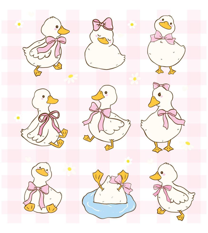 Cute White Call Duck with Pink Ribbon Bow, Coquette Girly Cartoon Art collection vector