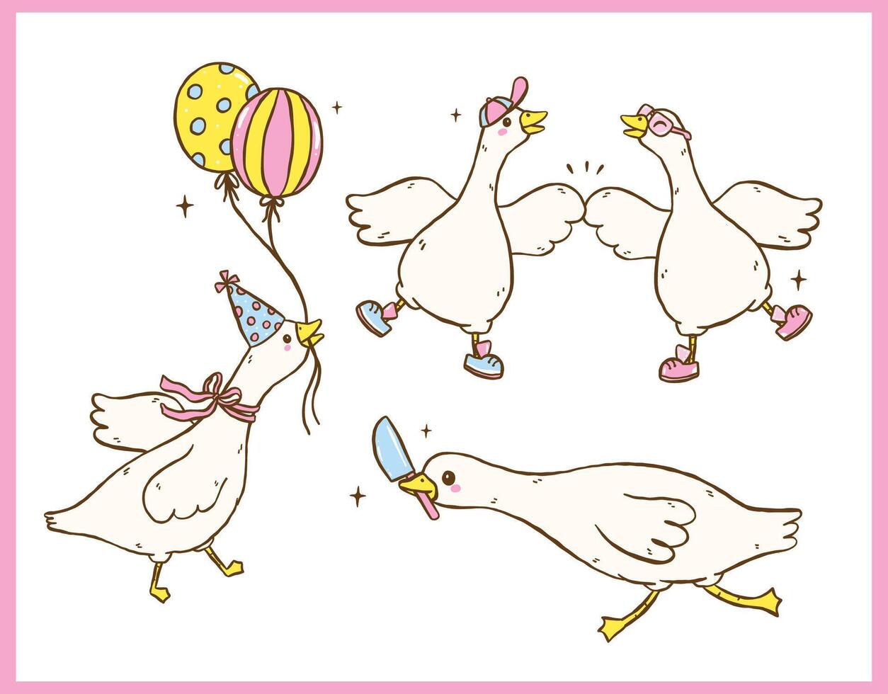Cute Silly Goose Clipart Set Funny Cartoon Character Meme Hand Drawn Doodle Set vector