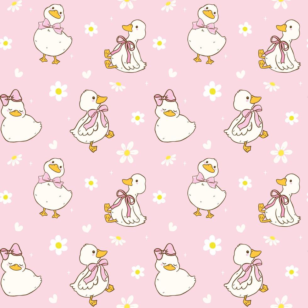 Cute Seamless Pattern Spring White Duck with Pink Ribbon Bow, Coquette Girly Cartoon wallpaper vector