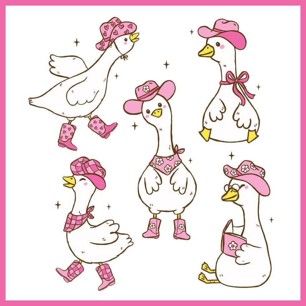 Cute Retro Cowgirl Silly Goose with hat and boots Cartoon Character Playful Western Geese Hand drawn Set vector