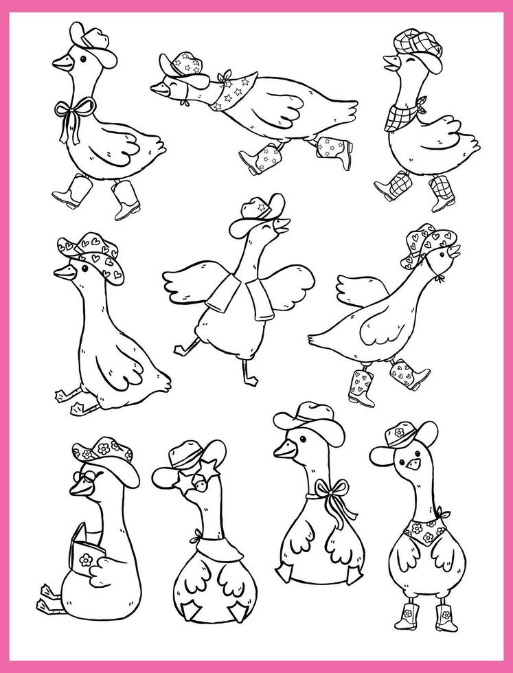 Cute Retro Cowgirl Silly Goose with hat and boots Outline Cartoon Playful Western Geese Minimal Line Hand drawn Set vector