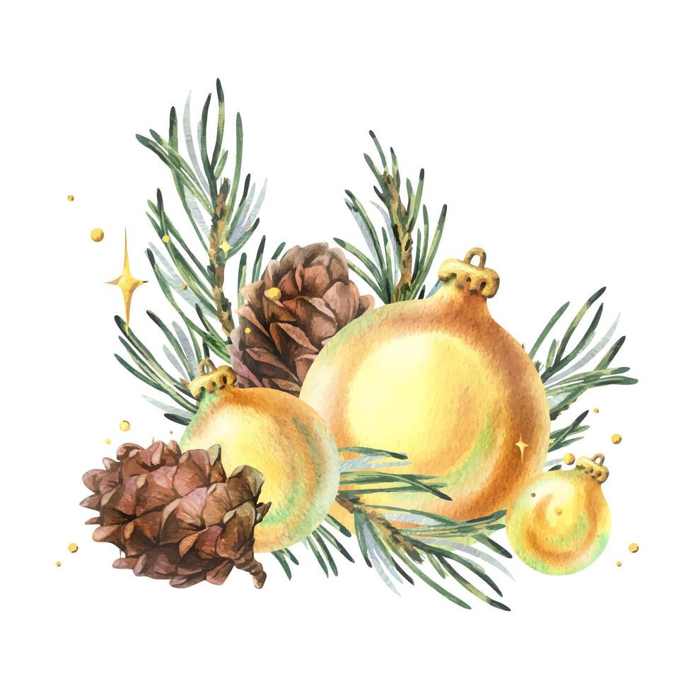 Golden glass Christmas balls decorated with pine branches and cones with sparkling stars. New Year, Christmas watercolor illustration hand drawn. Composition, sublimation, arrangement isolated vector