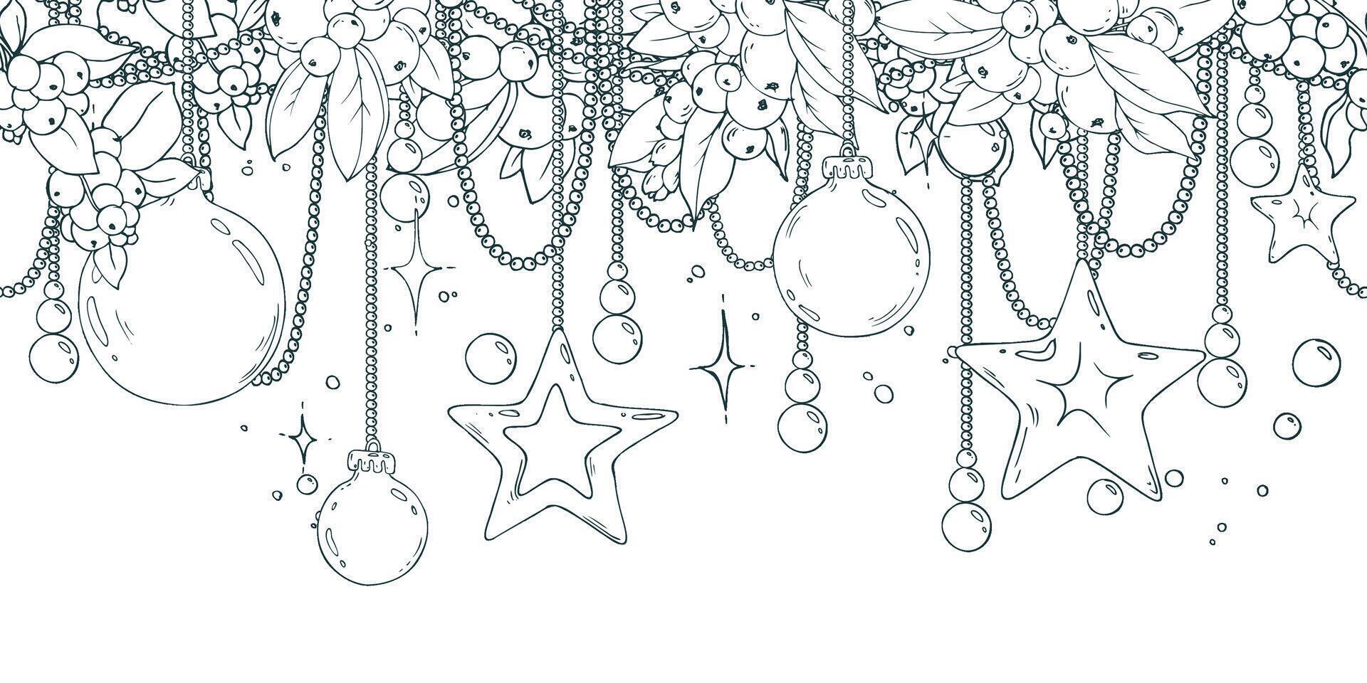 Christmas balls and stars hanging on beads, snowberry with twinkling stars. Christmas, New Year, winter Line art hand-drawn illustration in black and white ink. Seamless border pattern EPS vector