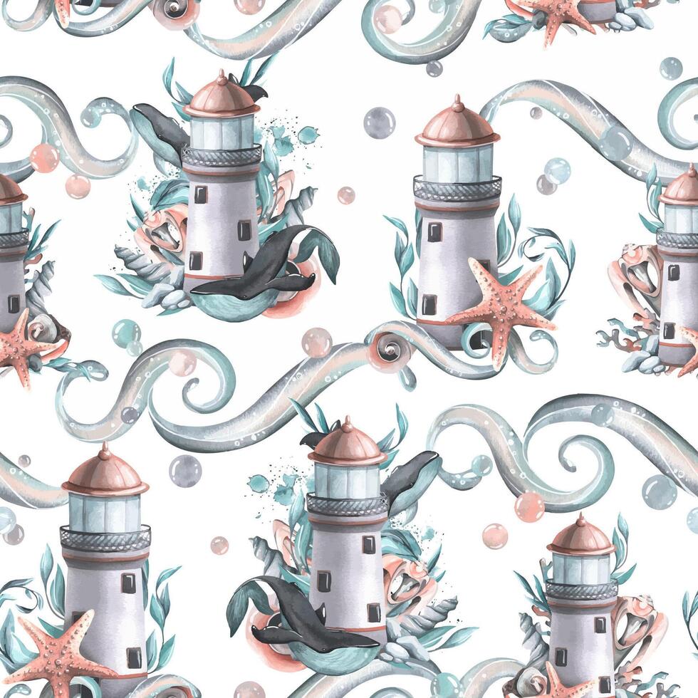 A marine lighthouse with whales, algae and shells. Watercolor illustration. Seamless pattern. For the design and decoration of posters, stickers, beach and summer prints vector