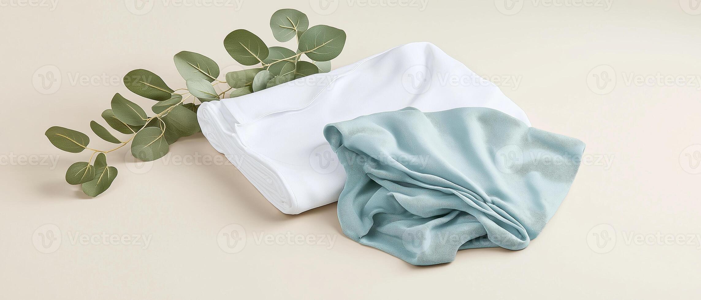 Folded Towels With Eucalyptus Branch photo