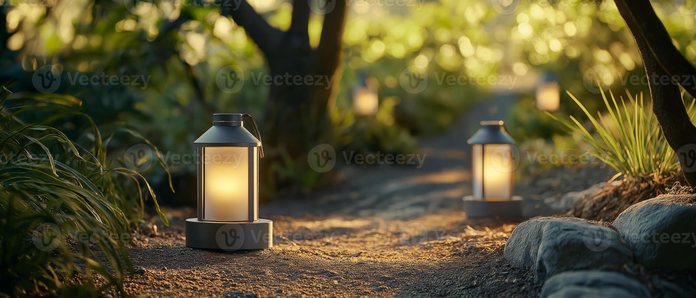 Illuminated Path with Garden Lanterns at Dusk photo