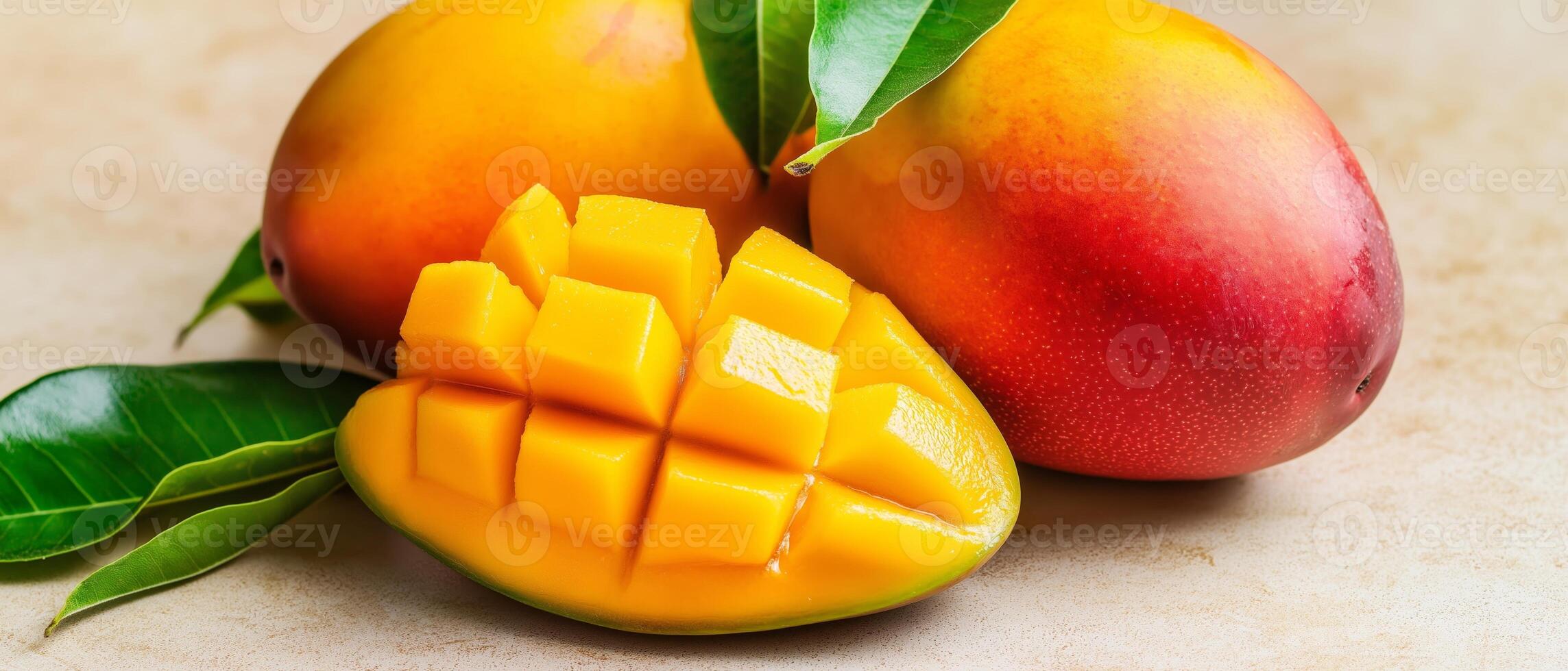 Fresh Mangoes With Diced Mango On Table photo