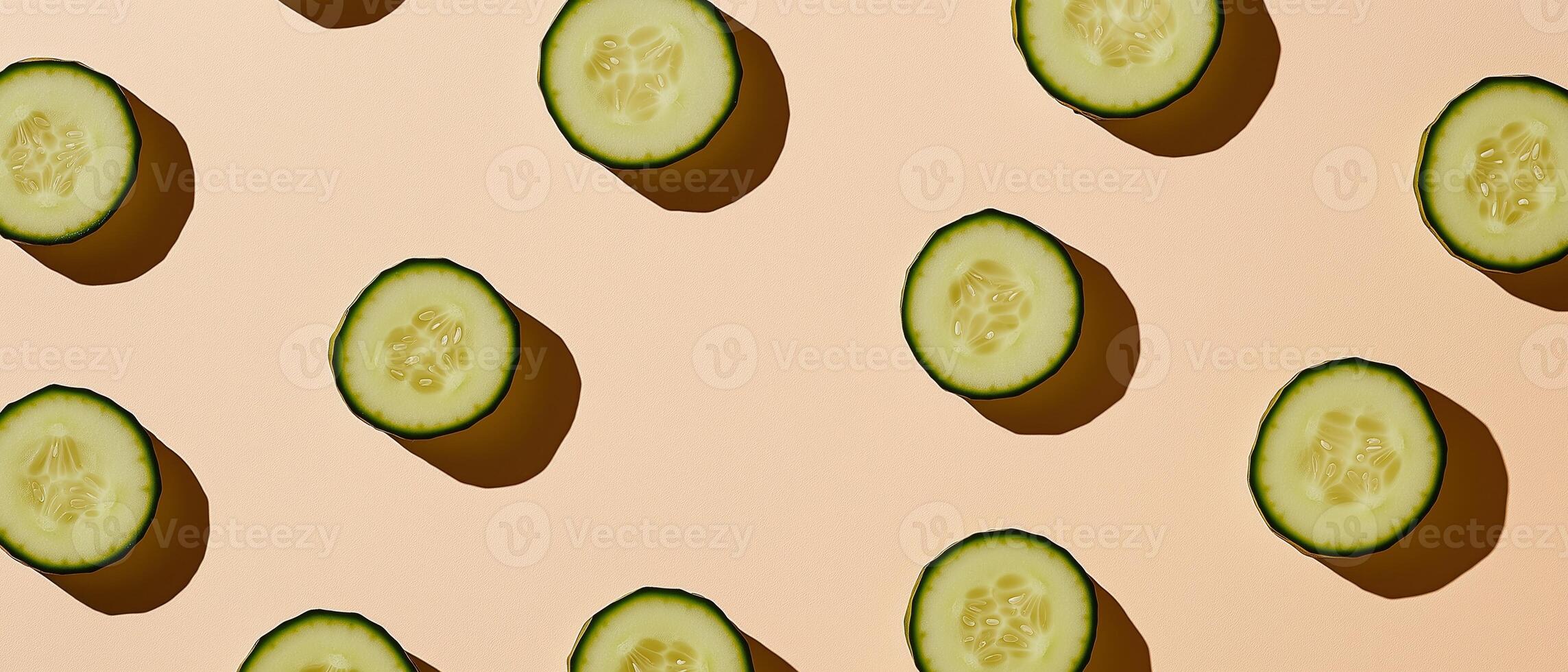 Cucumber Slices On Beige Background Pattern photo