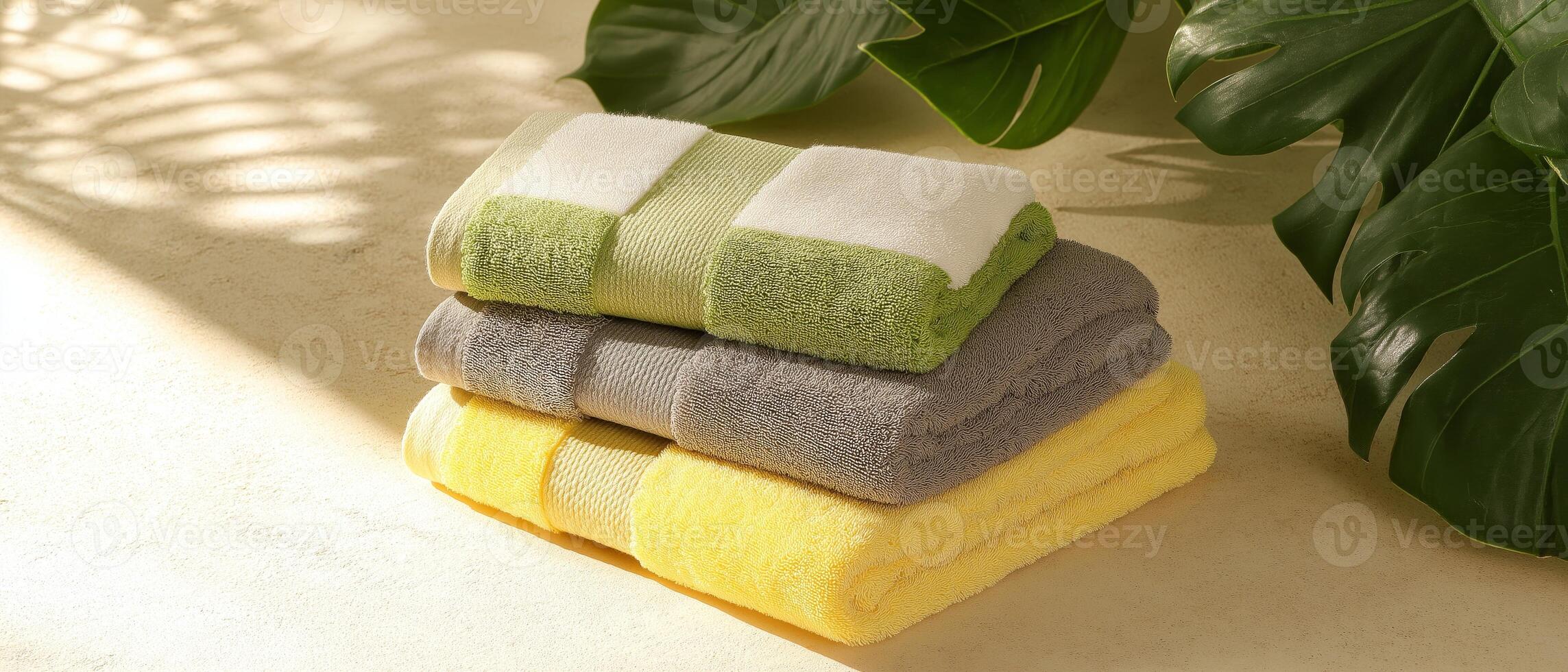 Folded Bath Towels Stacked With Greenery photo