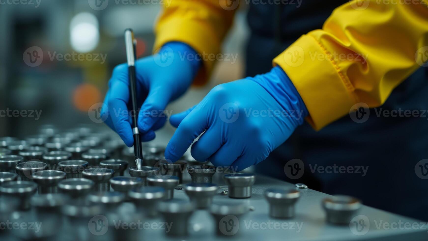 Engineer Inspecting Manufactured Metal Parts Closely photo