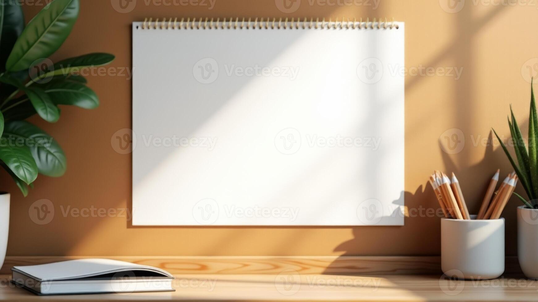 Blank Spiral Notebook On Desk Mockup photo