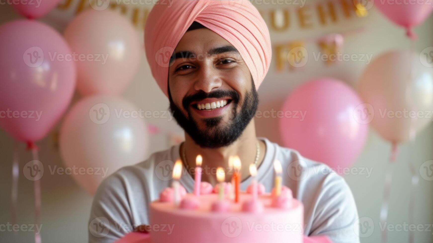 Smiling Indian Man Holding Birthday Cake photo