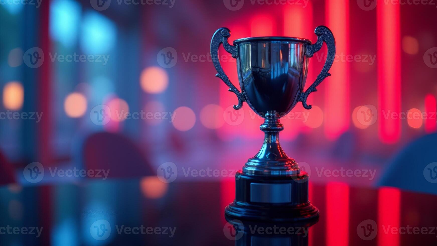 Silver Trophy On Reflective Table Surface photo