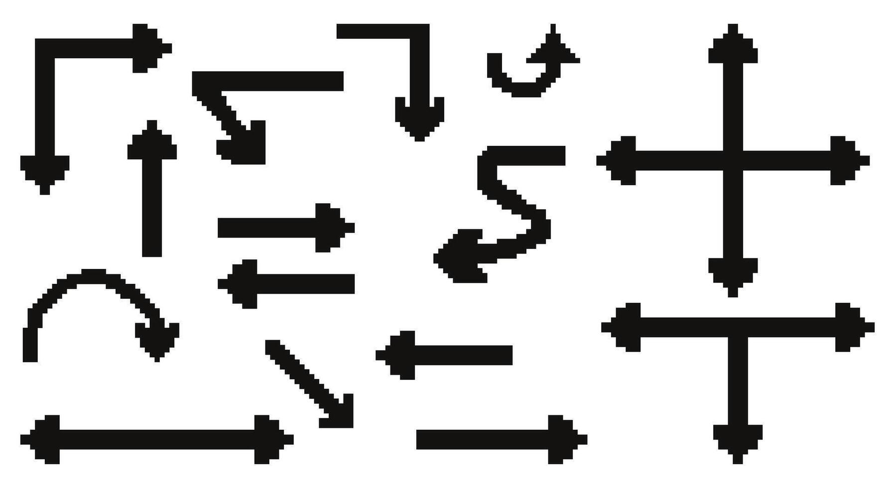 Pixel Art Black Directional Arrows. Simple Sign Directions Curved Backward curved, zigzag. Isolated illustration in retro 8-bit style. Concept pointer symbols Inspired by game aesthetic vector