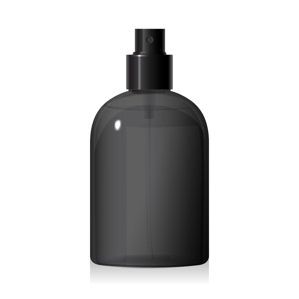 Black plastic round bottle with black spray with liquid inside isolated on white background. Transparent plastic packaging. Packaging for beauty product. 3d cosmetic bottle mockup template vector