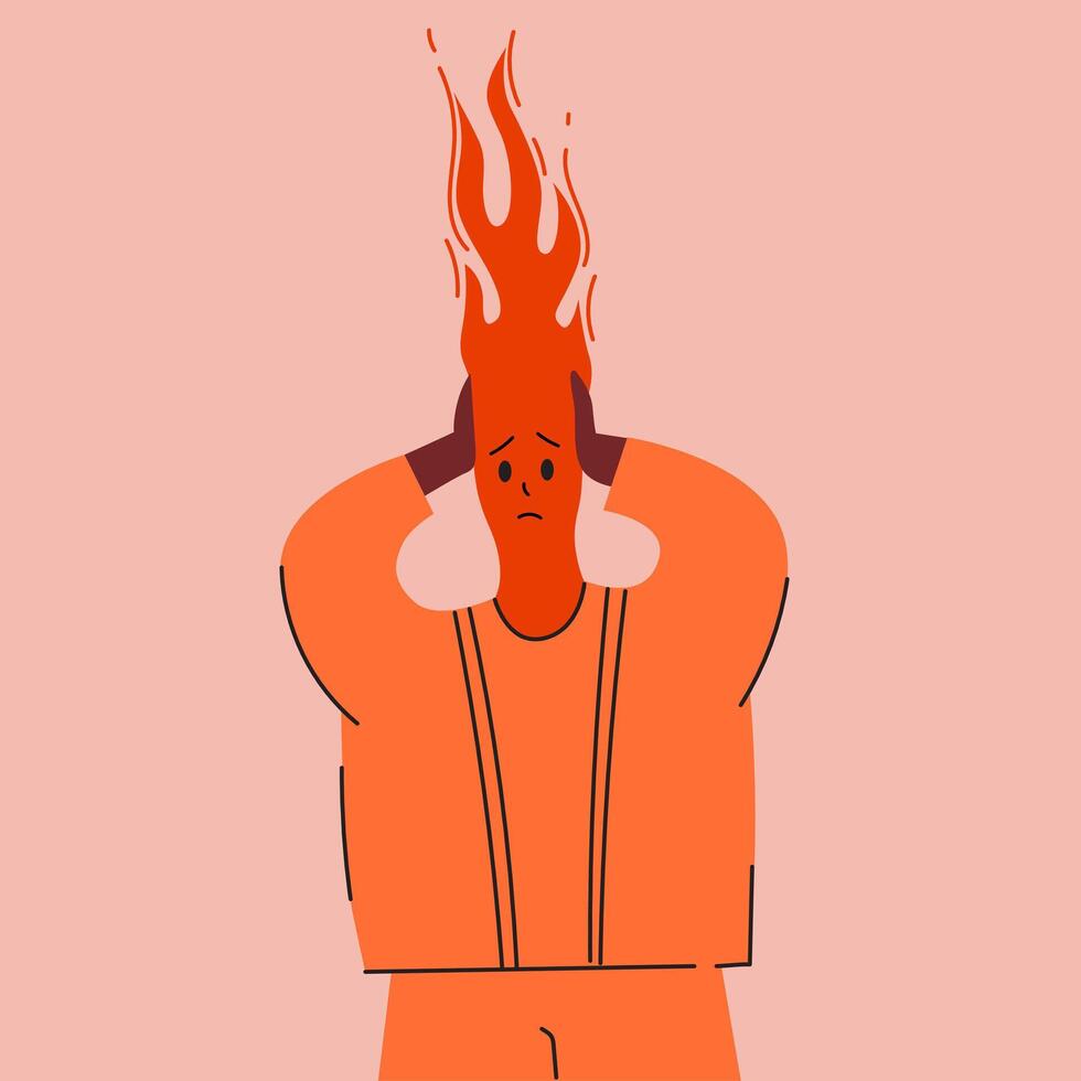 Emotional burnout concept. Work burnout. Psychological disorder. Tired businessman with burning head. Burning man. Depression, fatigue concept. Low efficiency. Human under stress. Stressed man vector