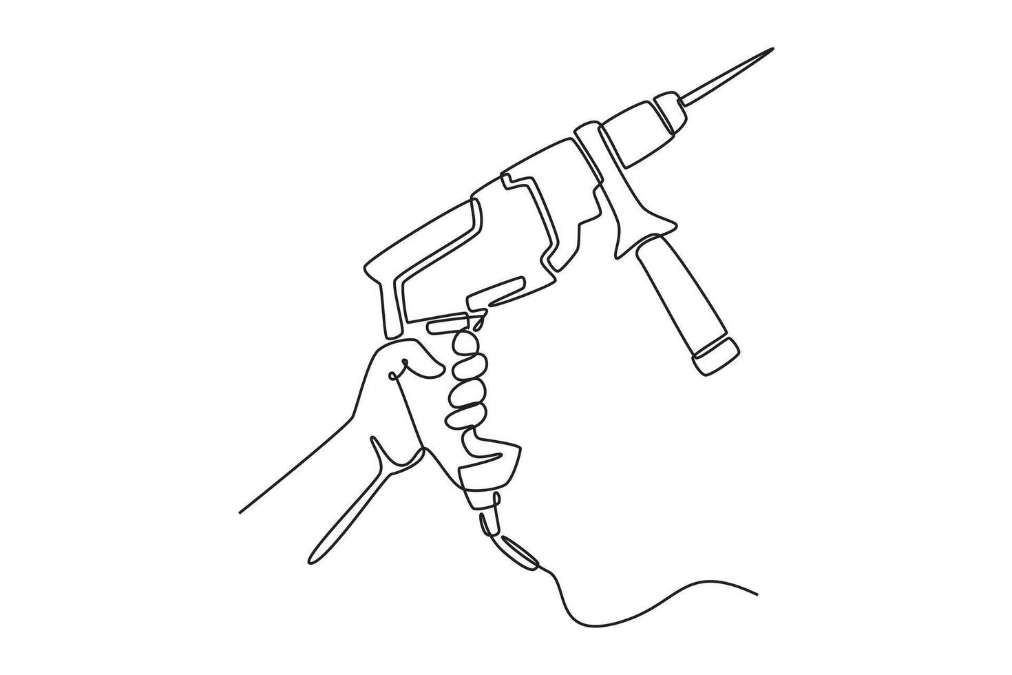Continuous one line drawing hand of worker builder male holding electric power drill. Handyman tools for home construction and renovation concept. Single line draw design graphic illustration vector