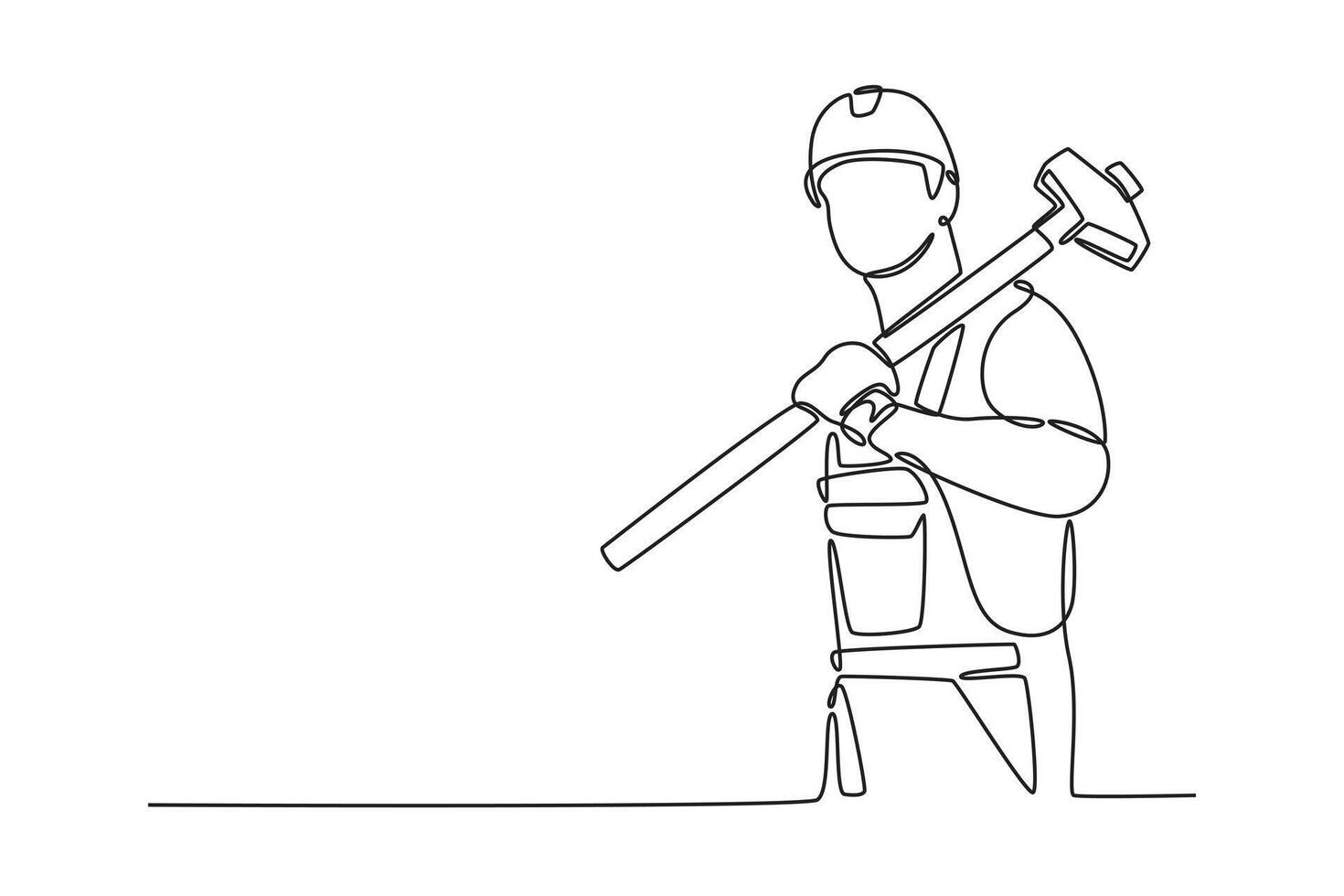 Single continuous line drawing male construction worker in hardhat holding sledgehammer on his shoulder. Foreman with hammer working at site. Dynamic one line draw graphic design illustration vector