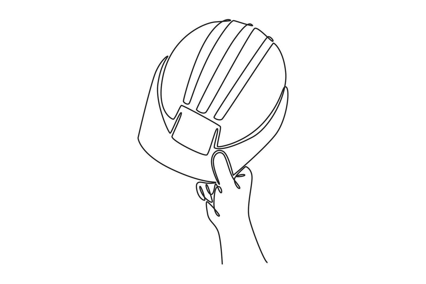 Continuous one line drawing hand of repairman holding construction helmet. Protective hard hat equipment for safety worker at site or job activity. Single line draw design graphic illustration vector