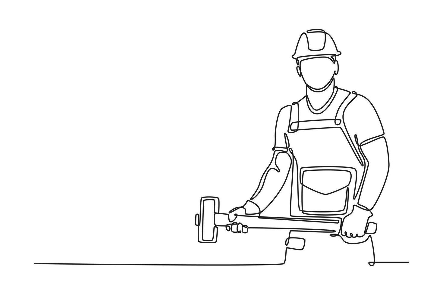 Single one line drawing male construction worker holding sledgehammer for reforming house or apartment. Home construction or renovation concept. Continuous line draw design graphic illustration vector