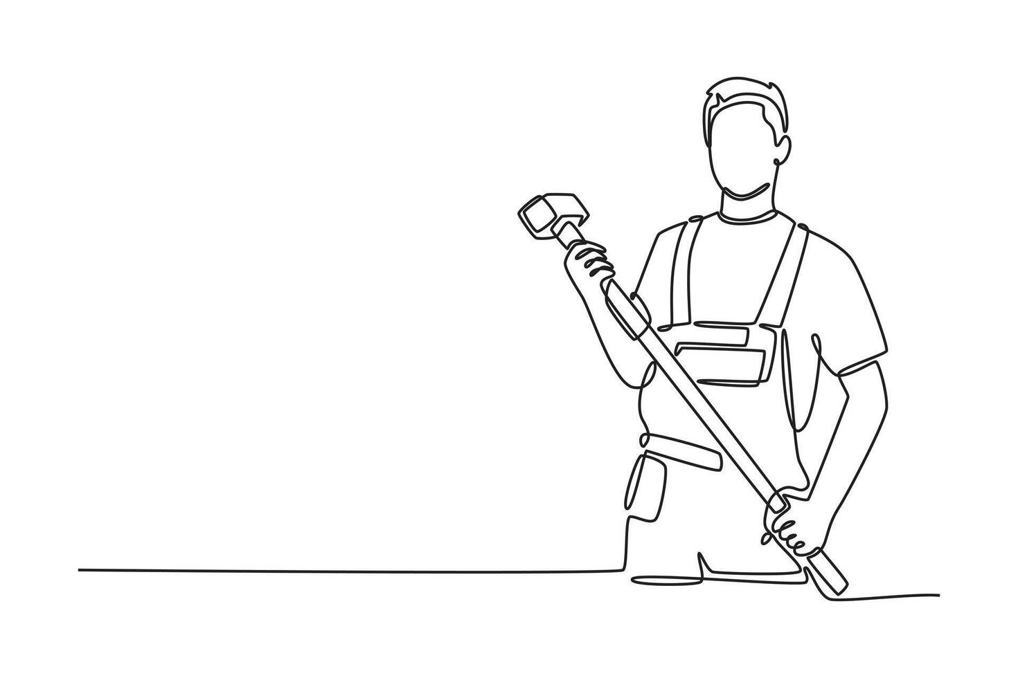 Single continuous line drawing professional construction worker holding sledgehammer for tunnel building. Builder with hammer standing at site. Dynamic one line draw graphic design illustration vector