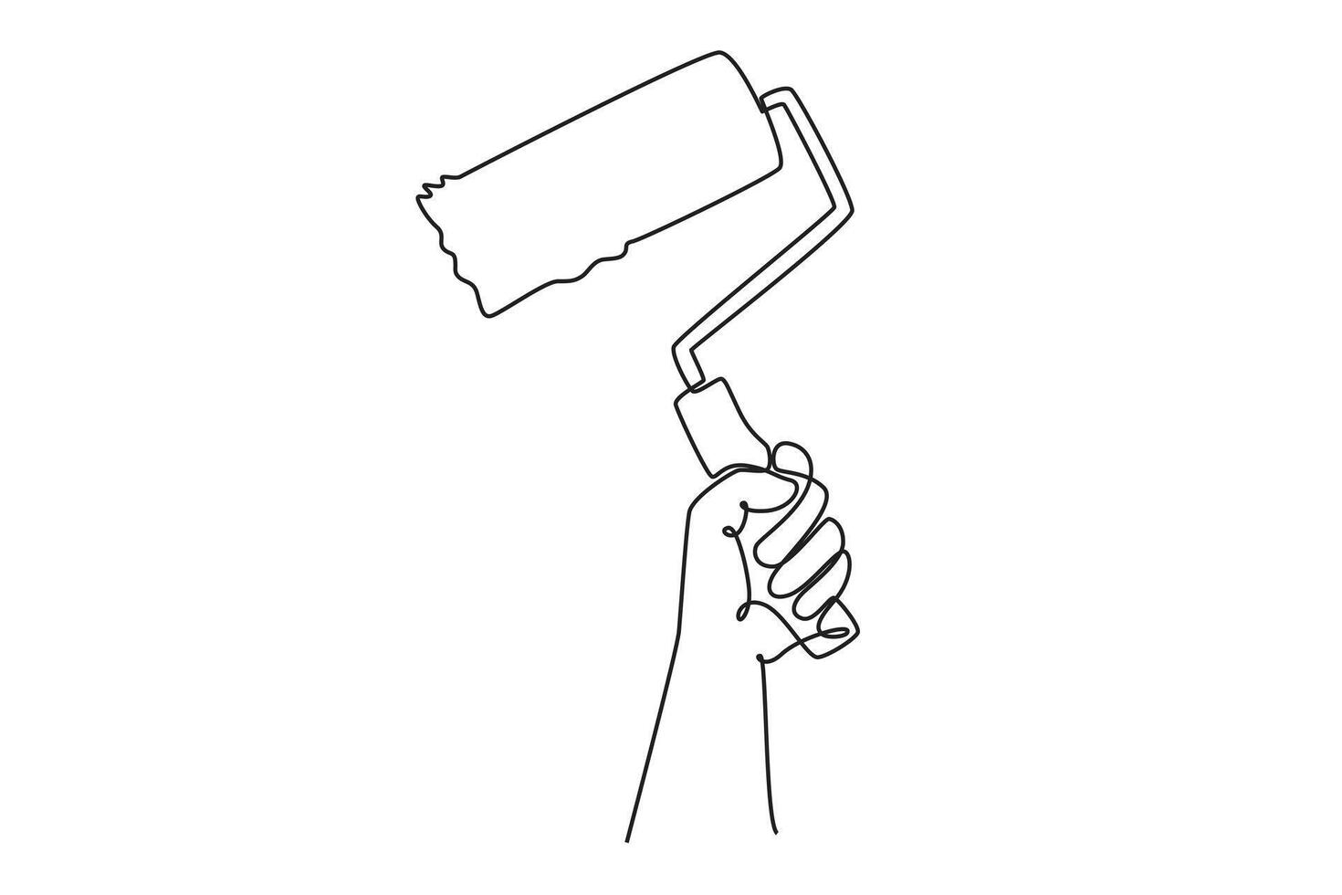 Continuous one line drawing hand of young carpenter holding roller paint brush in worksite. Handyman tool for wall decor renovation service concept. Single line draw design graphic illustration vector