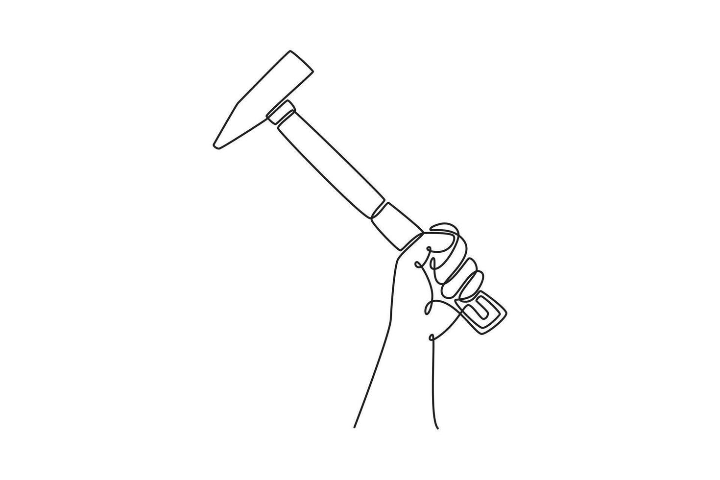Continuous one line drawing hand of professional male carpenter holding hammer steel in workshop. Handyman tools for home construction renovation. Single line draw design graphic illustration vector