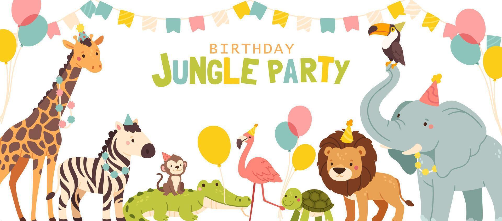 Birthday party jungle animal. Kids happy birthday banner. Children holiday background for celebration. Childish zebra, giraffe, lion, flamingo, monkey. invitation vector