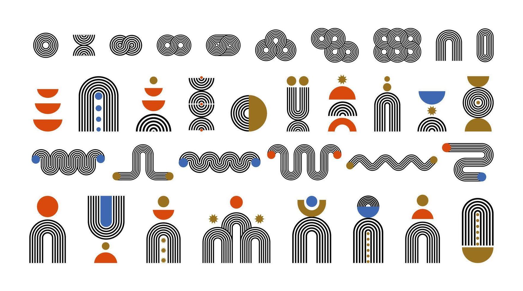 Geometric arch shape. Rainbow line art. Bohemian black outline shapes. Minimalist figures, wave, circle, arch, stroke shapes, crosses. Boho decor composition poster. set vector