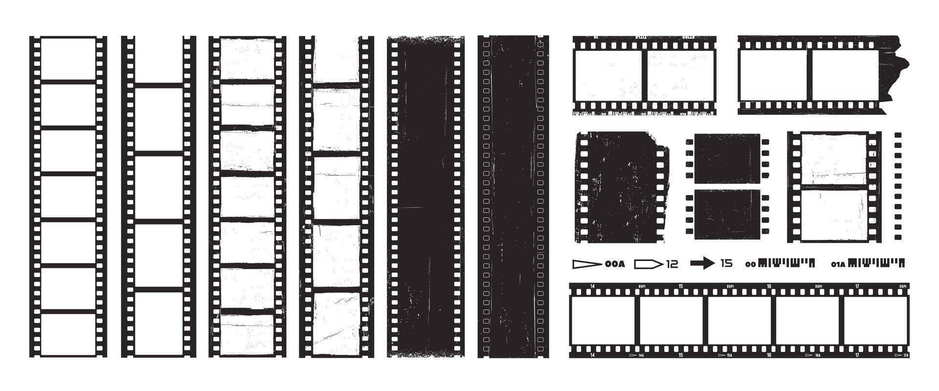 Film strip. Grunge movie strips. Retro effect footage. Vintage old cinema reels. Classic photography strip frames with distressed texture, scratches. set vector