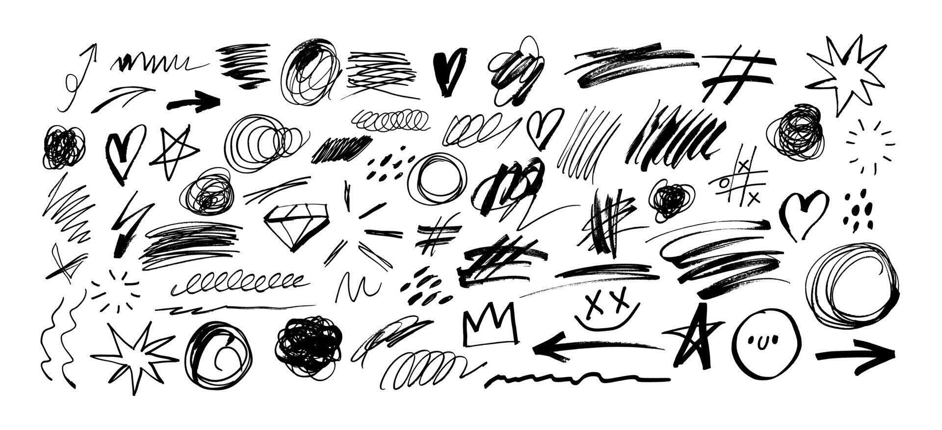 Sketch line shapes. Scribbles. Hand drawn pencil brush elements, black marker strokes, underline sketches, pen hearts, stars, crosses. Strikethroughs, swirls collection vector