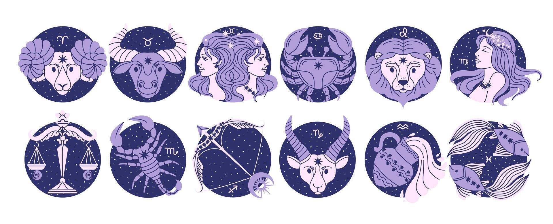 Zodiac signs. Horoscope symbols. Twelve astrological constellations. Spirituality, personal identity. Aries, Taurus, Gemini, Cancer, Leo, Virgo, Scorpio, Pisces. set vector